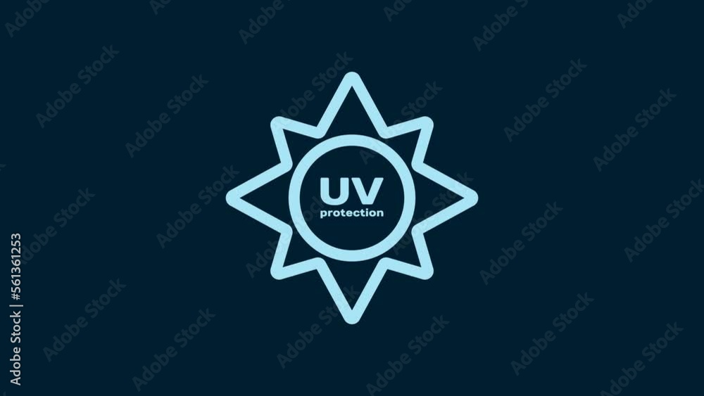 White UV protection icon isolated on blue background. Ultra violet rays radiation. SPF sun sign. 4K Video motion graphic animation White UV protection icon isolated on blue background. Ultra violet rays radiation. SPF sun sign. 4K Video motion graphic animation