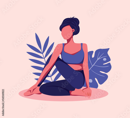 Vector illustration Yoga Girl doing yoga sitting in a pose meditation on vacation illustration without a face