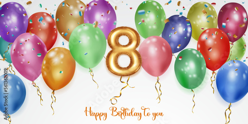Festive birthday illustration with colored helium balloons, big number 8 golden foil balloon, flying shiny pieces of serpentine and inscription Happy Birthday on white background