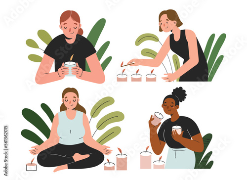 Women with scented candles, females characters smelling, lighting perfumed candles, meditating and doing yoga, home aromatherapy, stress relief and self care concept, flat vector illustrations