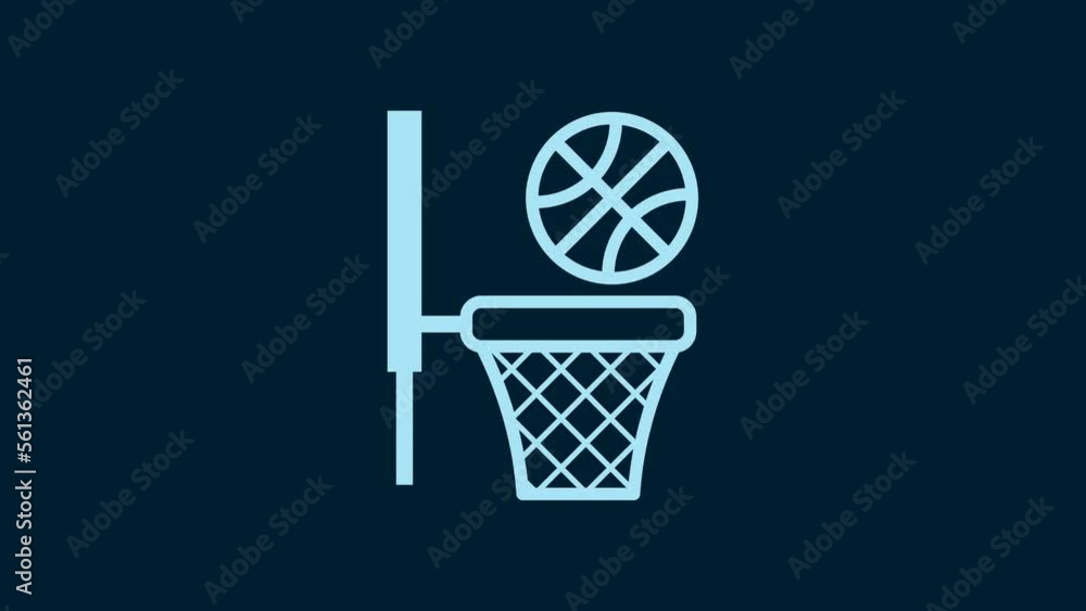White Basketball ball and basket icon isolated on blue background. Ball in basketball hoop. 4K Video motion graphic animation White Basketball ball and basket icon isolated on blue background. Ball in basketball hoop. 4K Video motion graphic animation