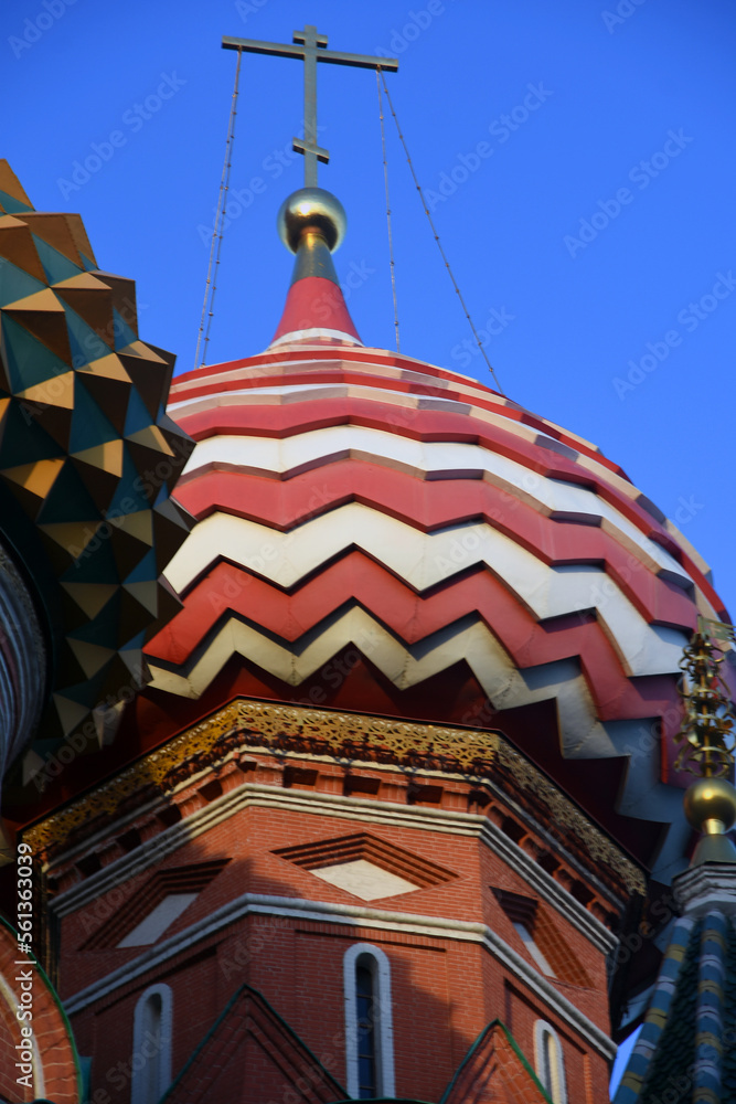 Saint Basil Cathedral on the Red Square in Moscow. Blue sky background.