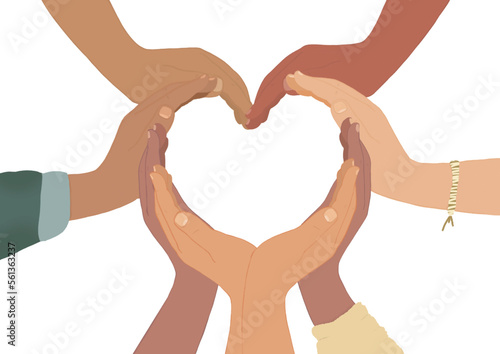 Respect and tolerance poster. Hands of children from different cultural backgrounds. Concept equality and inclusion. Classroom decor. Illustration hand made.