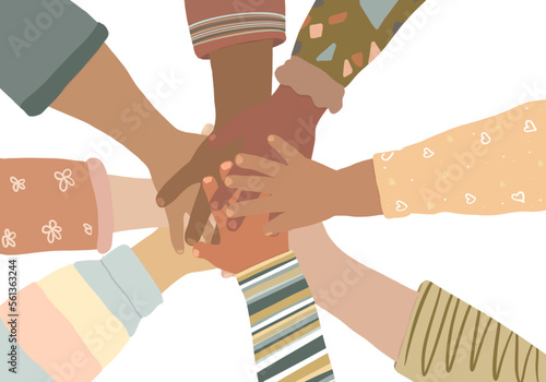 Respect and tolerance poster. Children's hands one on top of the others. Concept equality and inclusion. Classroom decor. Illustration hand made.