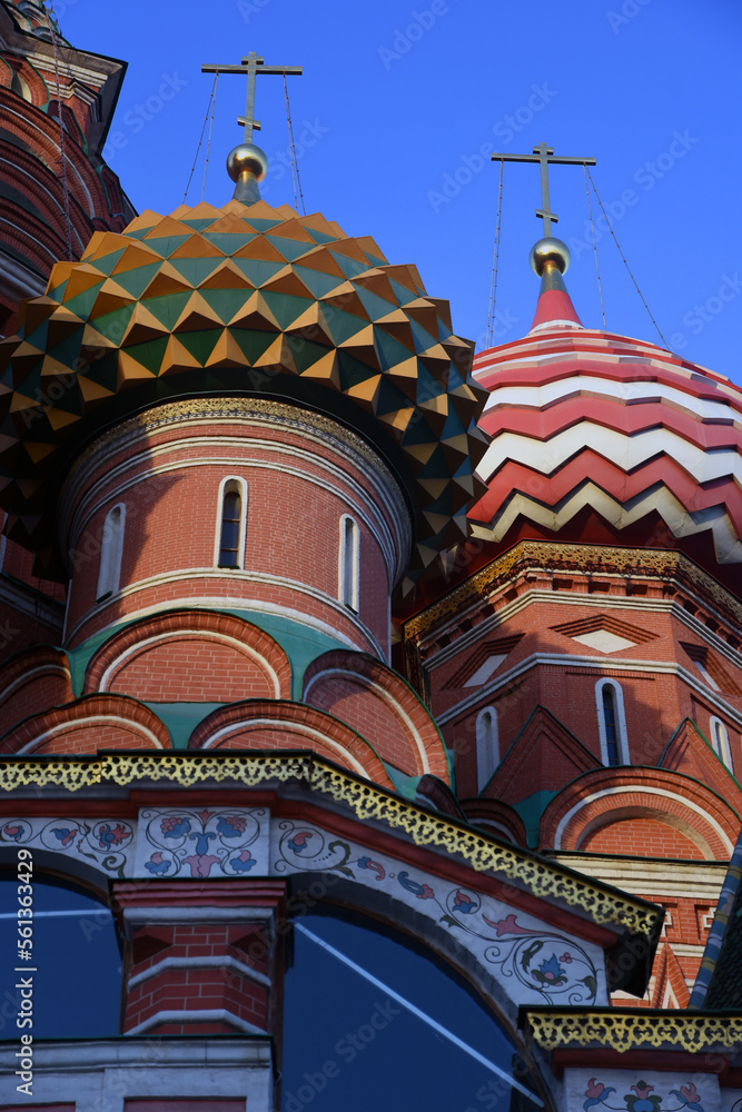 Saint Basil Cathedral on the Red Square in Moscow. Blue sky background.