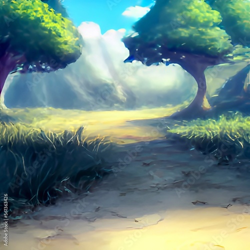 landscape with tree and sky 2D anime background © MASOKI