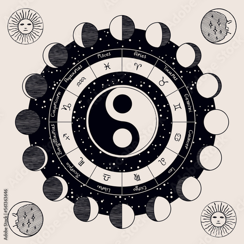 Vector circle of Zodiac signs with hand-drawn yin yang oriental symbol, Sun and and moon phases. Retro banner with horoscope symbols for astrological forecasts.