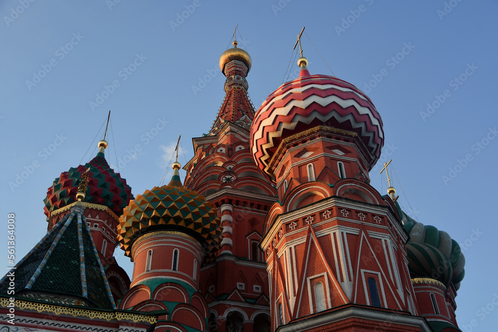 Saint Basil Cathedral on the Red Square in Moscow. Blue sky background.