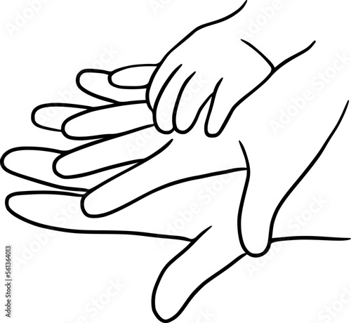 Line drawing holding baby hands - continuous line art, small children, holding father, mother hand, finger, holding adult hand and finger