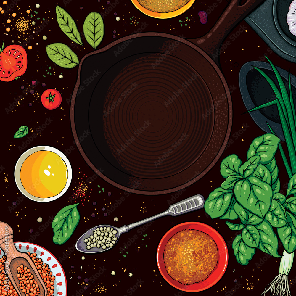 Frying pan on the table, seasonings and vegetables, cooking, cooking, kitchen Frying pan on the table, seasonings and vegetables, cooking, cooking, kitchen