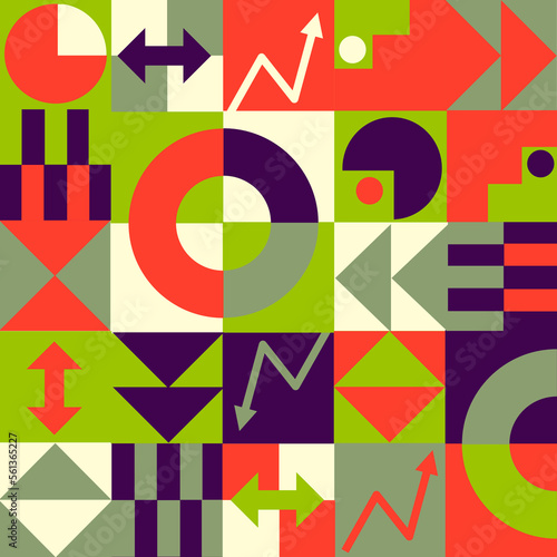 Abstract geometric poster with a pattern of simple geometric shapes in bright colors. Digital graphics are suitable for interior decoration, book covers and textiles
