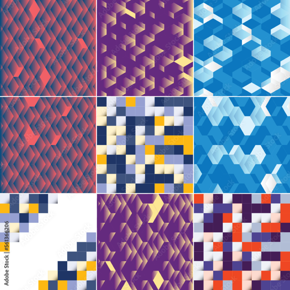 Blue mosaic pattern with a mosaic color gradient vector illustration suitable for use in design projects; includes a color sample of a pixel landscape
