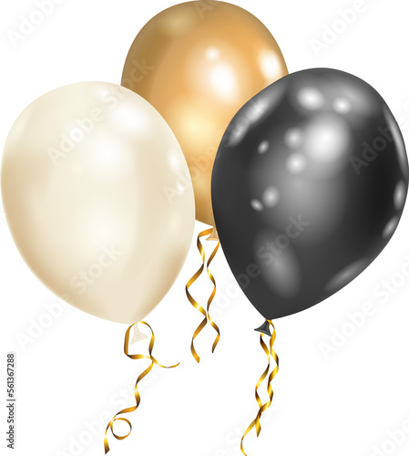 Illustration with white, black and gold helium flying balloons