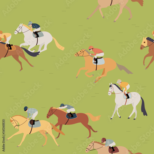 Horse racing, horse jockeys galloping on green grass, seamless vector pattern