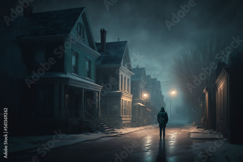 a mysterious figure in a gloomy city, created by a neural network, Generative AI technology photo