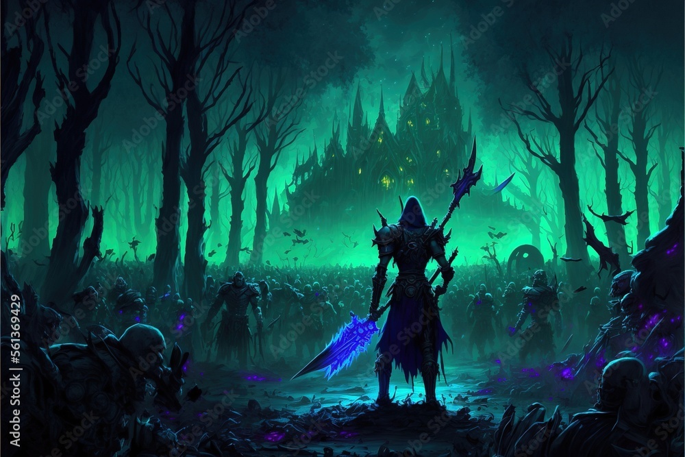 Orcs fighting with elves. Ferocious battle of night elves and orcs in forest under the moonlight , digital art style, illustration painting - obrazy, fototapety, plakaty 