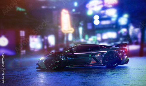 Futuristic sports car in night neon city lights environment (3D Illustration)
