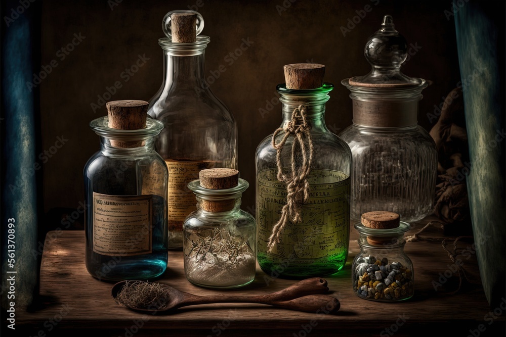 a group of bottles sitting on top of a table next to a spoon and a bottle of liquid and a spoon in front of it and a bottle with a cork on the side of it. a group of bottles sitting on top of a table next to a spoon and a bottle of liquid and a spoon in front of it and a bottle with a cork on the side of it.