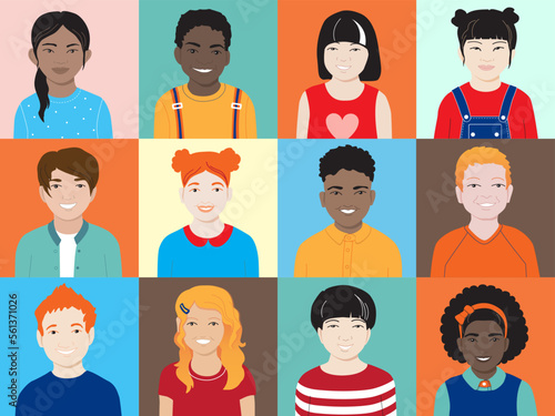 Seamless vector pattern with diverse children characters. Set of square kids avatars. International preschoolers group, multi ethnic classmates. African american, asian, chinese, redhead boys, girls.