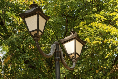 one black metal post lantern with two white floats with electric lamps against the background of green vegetation in a summer park