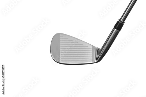 Golf club head close-up, isolated, face on. Photographed on a white background.