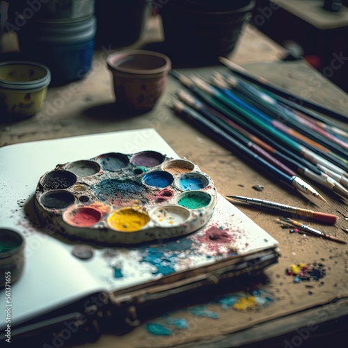  a palette of paint and brushes on a table with a notebook and paintbrushes on it and a few other paint cans in the background with paint on it and a table with a.