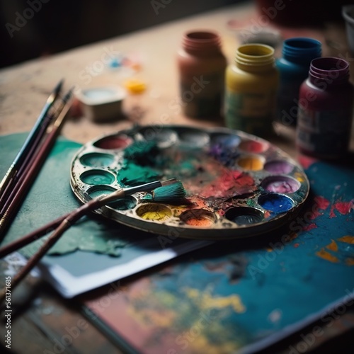  a palette of paint and a pair of brushes on a table with other paints and brushes on it and a palette of paint and a palette of watercolors on the table top of.