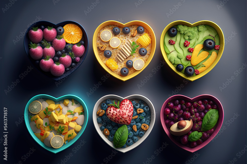 Set of heart shaped bowls with healthy food Set of heart shaped bowls with healthy food