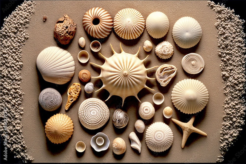 a group of sea shells on a sandy surface with a black background and a ...