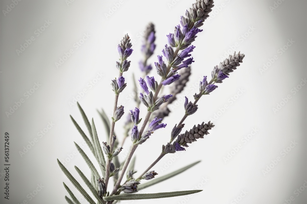  a close up of a plant with purple flowers in it's stems and leaves on a white background with a gray background behind it and a blurry background of a white wall behind.
