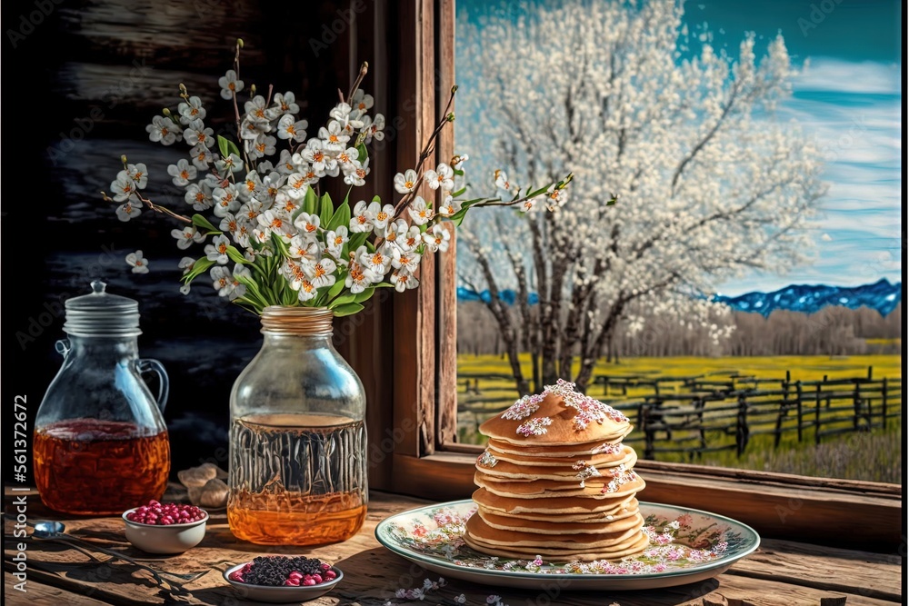  a plate of pancakes and a vase of flowers on a table with a window in the background and a painting of a field outside the window behind it, and a glass vase with flowers.