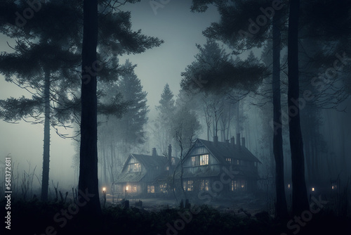 a tavern in a foggy medieval twilight forest village, created by a neural network, Generative AI technology photo
