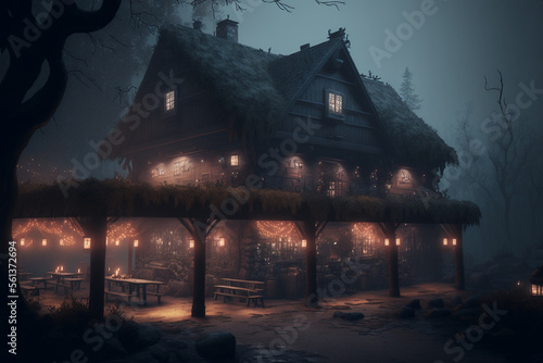Obraz na płótnie a tavern in a foggy medieval twilight forest village, created by a neural networ