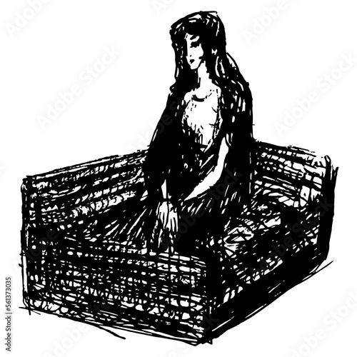 Captive witch girl sitting in a cart. Virgin Mary. Hand drawn linear doodle rough sketch. Black silhouette on white background.