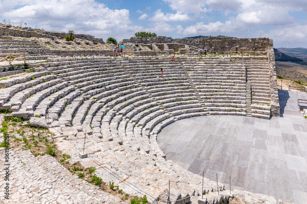 Segesta, Sicily, Italy - July 9, 2020: Ruins of the Greek Theater in Segesta, Sicily, Italy