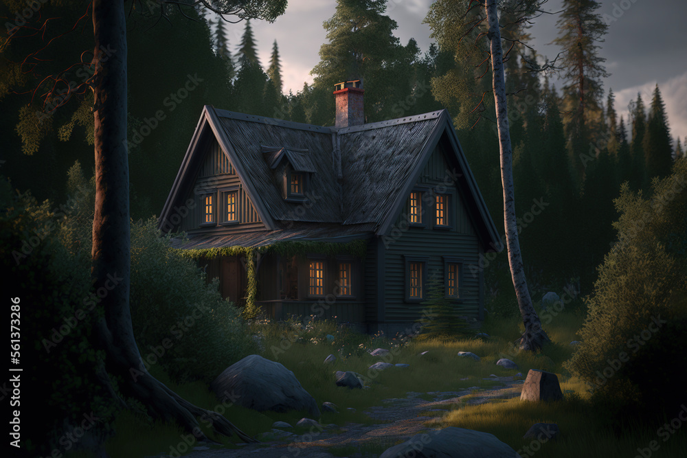 a small house in the middle of a forest, scenery, art illustration a small house in the middle of a forest, scenery, art illustration