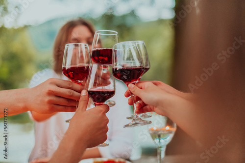 Group of happy friends toasting red wine glass while having picnic french dinner party outdoor during summer holiday vacation near the river at beautiful nature