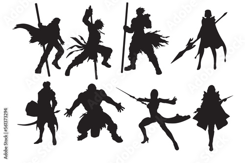 silhouettes of male and female warriors in various poses holding various weapons, warlord