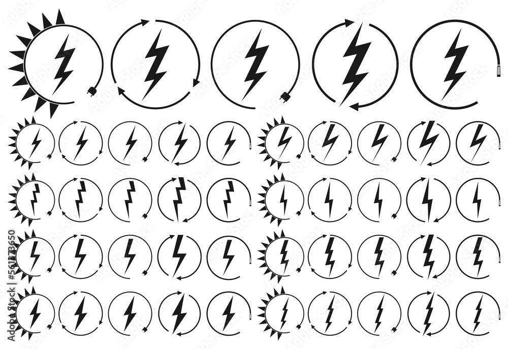 Naklejka premium Set electric car charging and renewable energy icons, graphic design template, lightning bolt, vector illustration