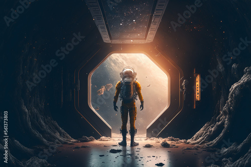 An astronaut stands before going into space in a futuristic spaceship, created by a neural network, Generative AI technology photo