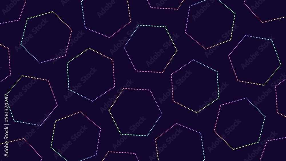 Futuristic hexagons pattern with neon rainbow dots on black gradient, motion abstract corporate, business and futuristic style background Futuristic hexagons pattern with neon rainbow dots on black gradient, motion abstract corporate, business and futuristic style background