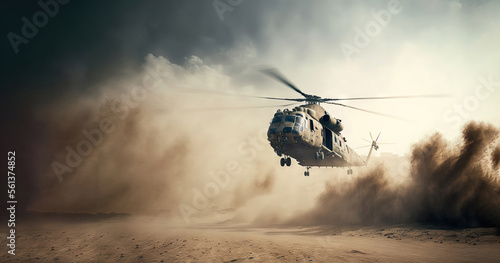 Foto military chopper crosses crosses fire and smoke in the desert, wide poster desig