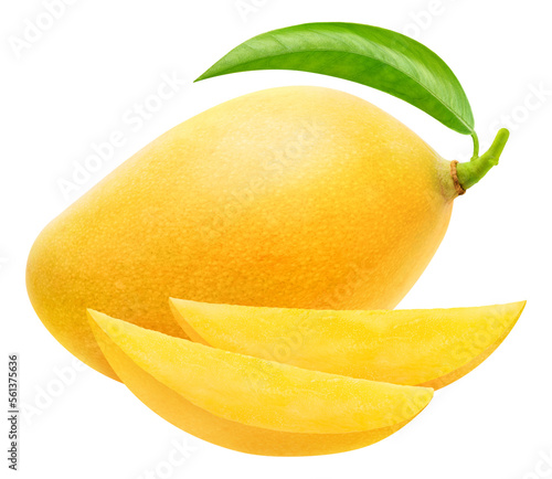 Obraz na płótnie One whole mango fruit and two slices cut out