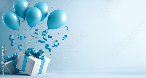 Holiday celebration background with blue gold balloons, gift boxes and confetti. Happy holiday greeting card, party banner, invitation or certificates with copy space © Viks_jin
