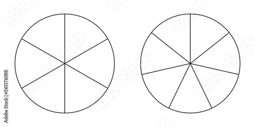 Pie chart, diagram set, six and seven sections or steps. Circle icons for infographic, presentation, web design, user interface. Simple business chart.
