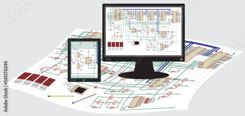 Drawing of an electronic device on white paper sheet, on screen of  monitor and tablet. Vector electrical schematic diagram of an digital electronic device.