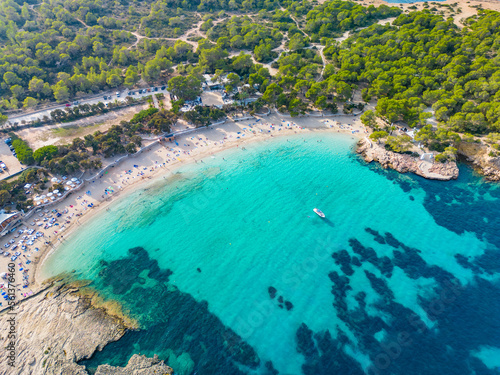 Canvastavla Ibiza Cala Bassa beach with turquoise water, aerial views
