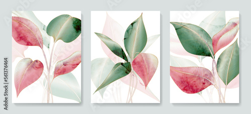 Luxury art background with tropical leaves in pink and green with gold line elements. Botanical set of prints for decor, invitations, wallpapers, textiles, interior design.