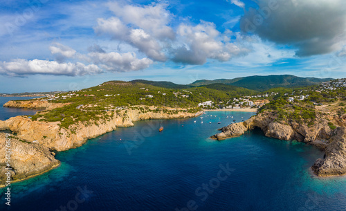 Aerial view of Cala Vadella, Ibiza islands, Spain