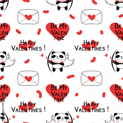 Seamless pattern with Valentines day panda cupids. Cute panda bear with bow and arrow and love letters. Be my Valentine. Flat doodle style vector illustration